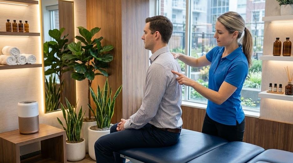 Office desk worker with shoulder and neck pain physiotherapy treatment